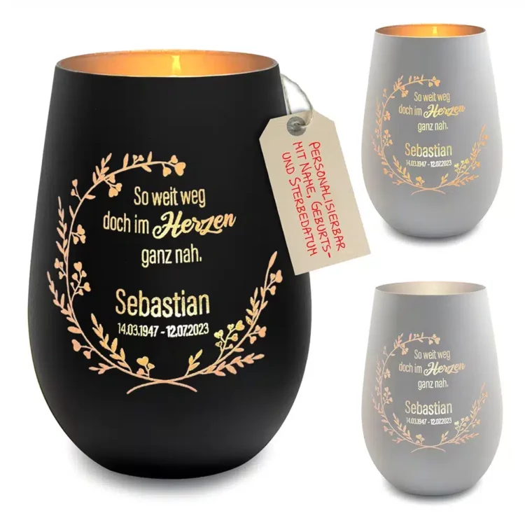 Trauerlichter personalisiert Kranz Motiv in Schwarz-Gold, Weiß-Gold, Weiß-Silber