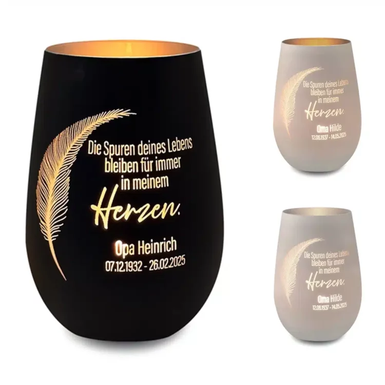 Trauerlicht aus Glas mit Gravur alle Farbvarianten auf weißem Hintergrund