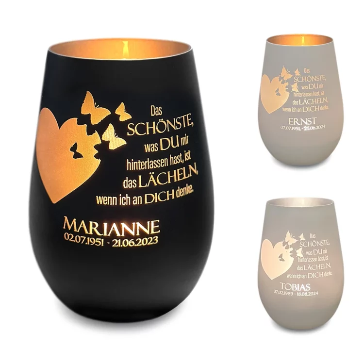 Trauerlicht personalisiert Herz Schmetterlinge als Übersicht der drei Farbvarianten Weiß-Gold, Weiß-Silber und Schwarz-Gold.